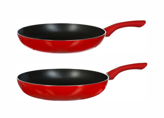 Lot de 2 poêles à frire rouge / noir – Adapté à toutes les tables de cuisson (y compris induction) – 26 cm + 31 cm – Revêtement antiadhésif – Manche en bakélite