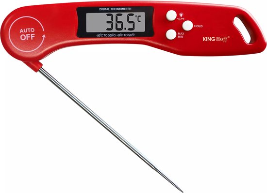 Kinghoff digitale thermometer voor keuken en BBQ – RVS-sonde, IP67, rood