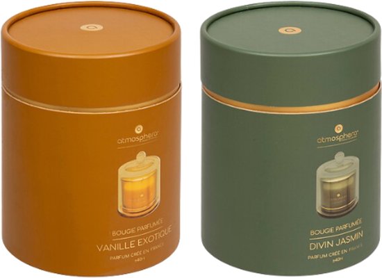 ILAE Bougie parfumée - Bougie parfumée en verre avec couvercle - Lot de 2 - Vanille & Jasmin - Scented Candles - Décoration d'intérieur de luxe - 240 g - Ø10,8 x 13,8 cm - Verre ambré & vert