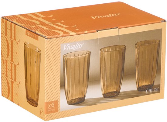 Water Glass - Cocktail Glass - Juice Glass - Ribbed Drinking Glass - Striped Glass - Set of 6 - Vintage Water Glass - 440ml - 8.2 x 8.2 x 14.2 cm - Amber