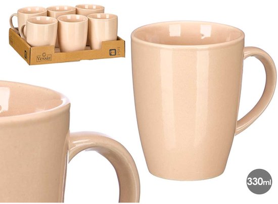 Mok - Koffiemok - Keramische Theemokken - Drinkbekers met Glossy Finish - Luxe Mok - Setvan 6 - 330 ml - 8,5 x 11,5 x 10,5 cm - Crème