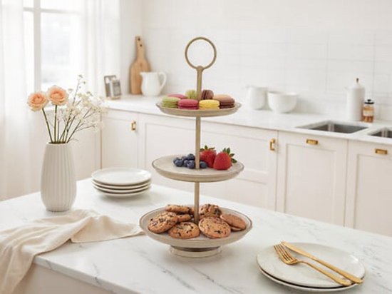 3-stöckige Etagere – Servierständer mit 3 Ebenen – Metall – Gold & Creme – H35 x Ø22 cm – Für Gebäck, Häppchen & Dekoration