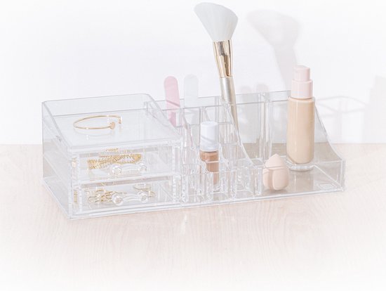 5Five Organisateur de maquillage - 19 compartiments et 2 tiroirs - transparent - 30 x 9 cm - plastique - Porte-vernis à ongles - Porte-maquillage - Organisateurs