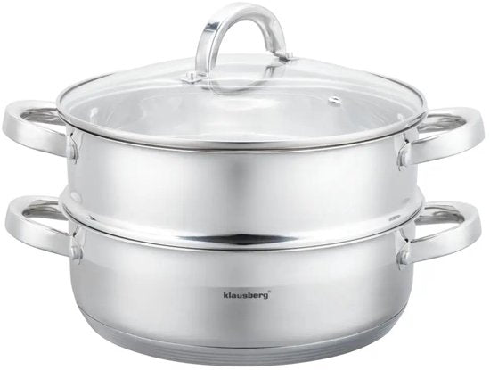 Klausberg - Stoompan - 3-delige RVS Stoomkookset - Stoominzet - Glazen Deksel - Inductie - Gas - Elektrisch - RVS - 3. 5 Liters - 24 x 8,5 cm - Zilver