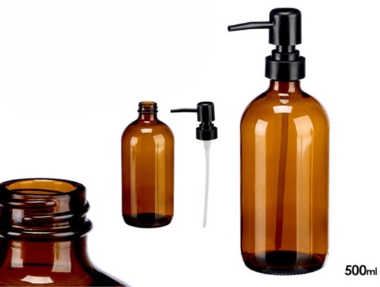 Bottle pump - Dispenser - Set of 2 - Round - Crystal Dispenser with Black Pump - 500 ml - 7.4 x 9.5 x 21.4 cm - Brown-Black
