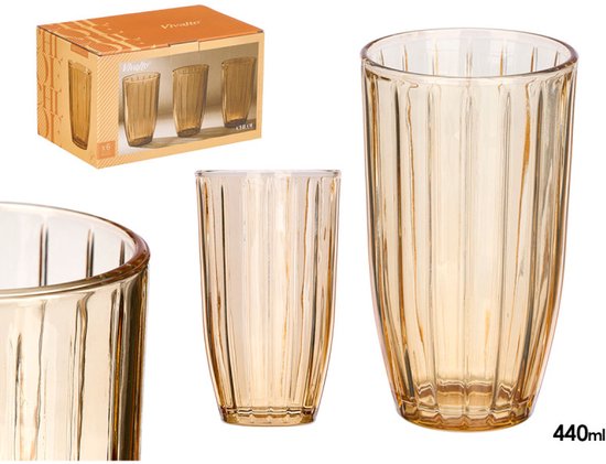 Water Glass - Cocktail Glass - Juice Glass - Ribbed Drinking Glass - Striped Glass - Set of 6 - Vintage Water Glass - 440ml - 8.2 x 8.2 x 14.2 cm - Amber