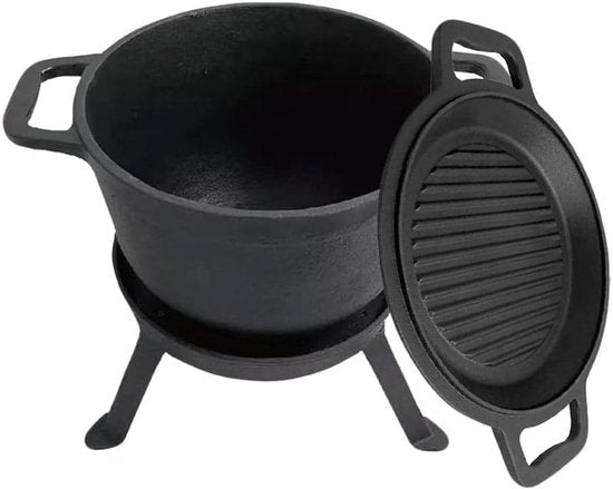 Kinghoff KH1732 - Cast Iron Camping Cookware Set 3-in-1 (5L) - Grill Pan, Lid & Pot - Cooking Set - Camping - Cookware Set