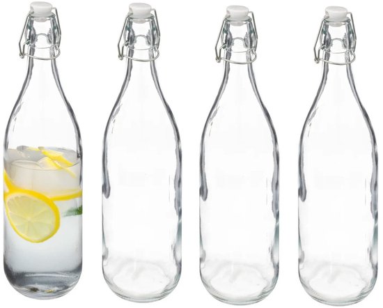 5Five Bouteille à fermeture mécanique/bocal à conserve - 4x - verre - transparent - hermétique - 1 litre - bouteille d'eau - limonade
