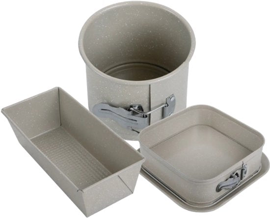Bakvormen Set - Cakepan - 3-Delig Bakvormen Set - 26 x 11,5 x 7,5 cm Rechthoekige Baktray + Ø12 cm Ronde Cakepan + 27,5 cm Vierkante Bakvorm - Carbon Staal - Marmeren Anti-aanbaklaag - Beige-Grijs