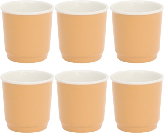 Espresso Kopjes - Set 6 Stuks - Nature Oker Espresso Cups - Kleine Koffiekopjes - Stapelbare Espresso Mokjes - 90 ml - New Bone Porselein - Ø6 x 6 cm - Oker
