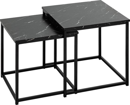 Atmosphera Bijzettafels met marmereffect - 38xH40 cm - Set van 2 stuks - Zwart