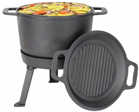 Kinghoff Cast Iron Dutch Oven 10L – 3-in-1 Outdoor Cooking Set | Stew Pot, Grill and Campfire Pan