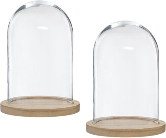 Glass Cloche - Glass Bell Jar - Glass Dome - Set of 2 - Decorative Cloche with Wooden Base - 18 x 25 cm - Transparent