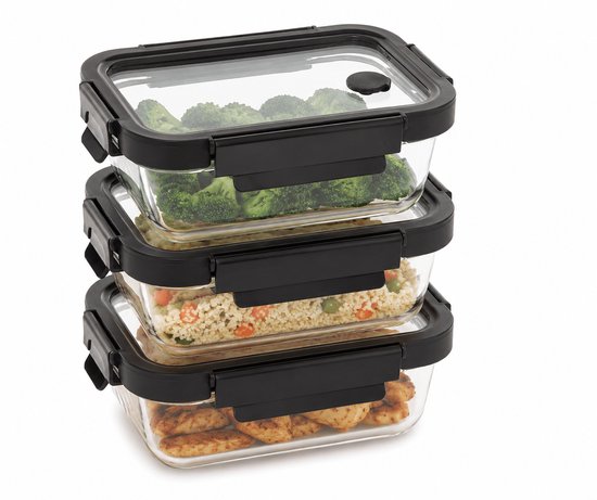 Vershoudbakjes glas set van 3 – meal prep bakjes 370 ml met zwart klikdeksel