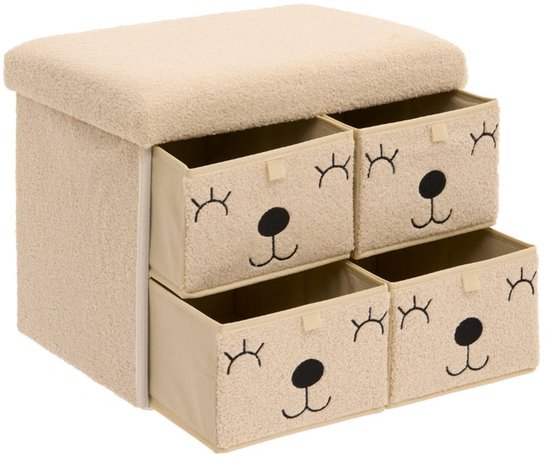 Atmosphera Kids Ezzio opvouwbare opbergpoef – beige, 4 lades, 39 x 38 x 50 cm
