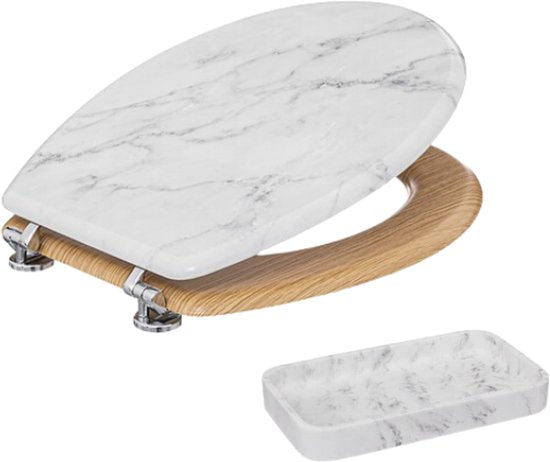 Léa Bathroom Accessory Set - Bathroom Accessories Set - Toilet Seat with Toilet Accessory Set - HDF Toilet Seat - Rectangular Polyresin Tray - White