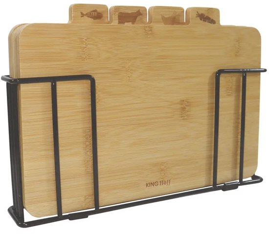Kinghoff - Planche à découper 4 pièces - Planches à découper avec support - Ensemble de planches à découper de cuisine - Viande, poisson, volaille et légumes - Bambou - 28,5 x 20 cm