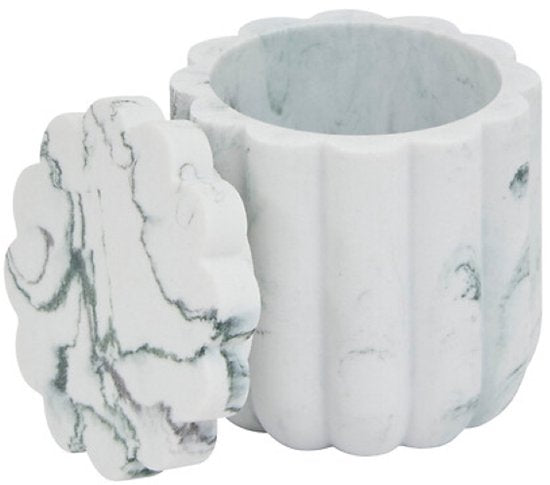 Ensemble d'accessoires de salle de bain - Accessoires de salle de bain modernes - Distributeur de savon 230 ml - Porte-brosse à dents - Brosse WC - Boîte à coton - Accessoires de salle de bain de luxe - Polyrésine - Blanc marbré