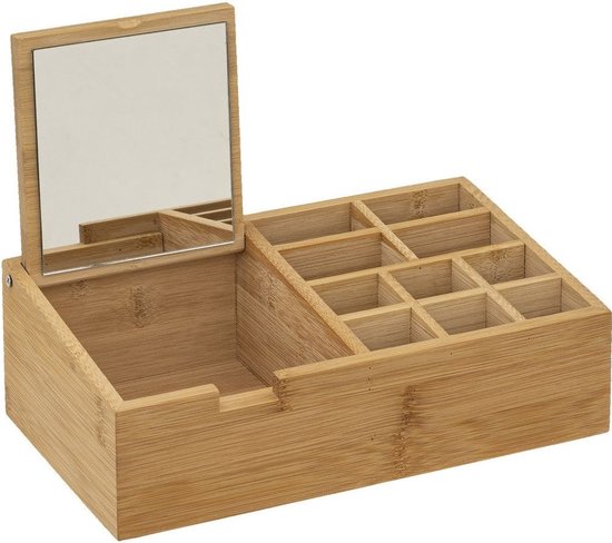 Organisateur de maquillage 11 compartiments avec miroir 24,5 x 8 cm en bambou - Porte-vernis à ongles - Porte-maquillage - Organisateurs