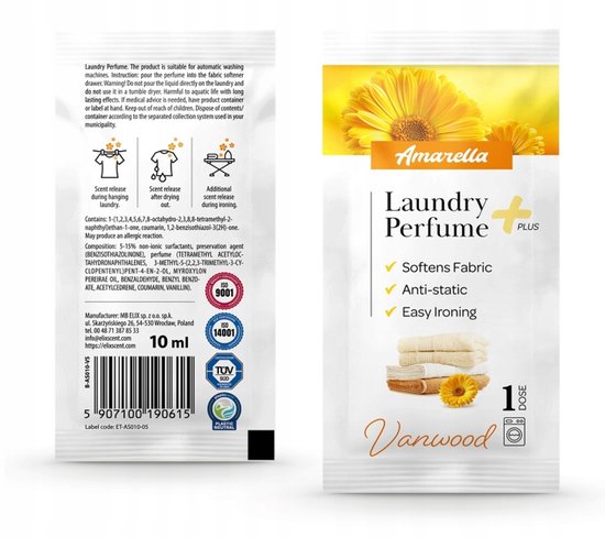 Elix - Amarella Wasparfum - Laundry Perfume - Wasverzachter Parfum - Antistatisch Strijkgemak - Langdurig - 10 ml Sachet - Vanwood