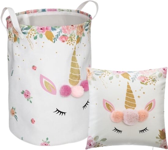 Unicorn kinderkamer set – kussen met pompons 40 x 40 cm en opbergmand 50 cm