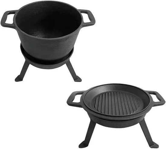 Kinghoff KH1732 - Cast Iron Camping Cookware Set 3-in-1 (5L) - Grill Pan, Lid & Pot - Cooking Set - Camping - Cookware Set