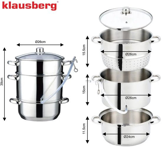 Klausberg Steam Juicer for Fruit & Vegetables - Induction Suitable - Juicer with Tube - 8L - Stainless Steel - Ø26cm - Silver