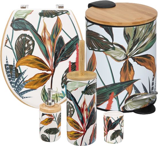 Ensemble d'accessoires de salle de bain Palawan - Set complet de 5 pièces - Accessoires de toilette - Abattant WC - Brosse WC - Distributeur de savon - Porte-brosse à dents - Poubelle à pédale 3L avec fermeture en douceur - Design multicolore