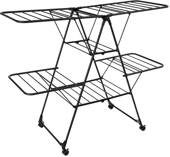 Kinghoff KH-2046 inklapbaar wasrek van staal met hangerrek en wielen, zwart, 157 cm