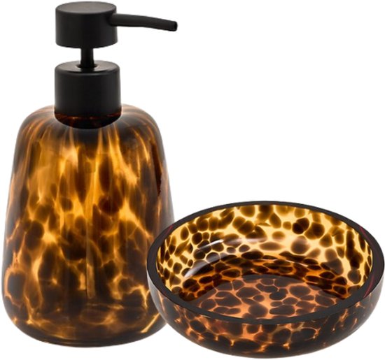 Bathroom Accessory Set - Luxury Bathroom Set - Dotty 400 ml Soap Dispenser and 11 cm Soap Dish - Glass Soap Set for Toilet & Kitchen - Brown