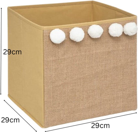 Storage Box - Pompom Storage Box - Set of 2 - Collapsible Storage Box - Jute Look - Square - Cardboard / PP - 29 x 29 cm - Caramel Brown