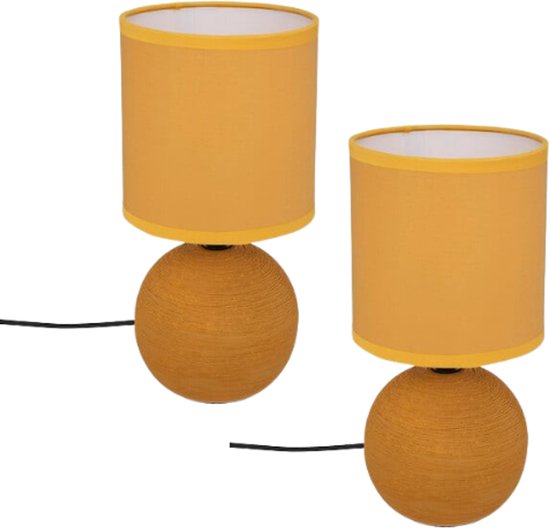 Timéo Bowl Table Lamp - Ceramic Lamp - Set of 2 - Modern Table Lamp with Cord - Ambient Lighting for Living Room - Bedroom - Office - 25 cm in Height - Yellow