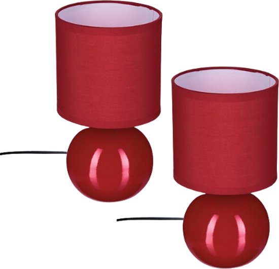 Timéo Ball Table Lamp - Ceramic Lamp - Set of 2 - Modern Table Lamp with Cord - Ambient Lighting for Living Room - Bedroom - Office - 25cm in Height - Red