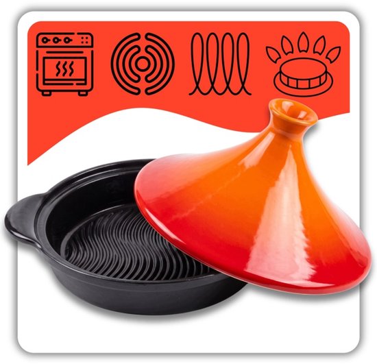Hage tajine 27 cm, 1,5 liter - gietijzer met keramische deksel, oranje en zwart