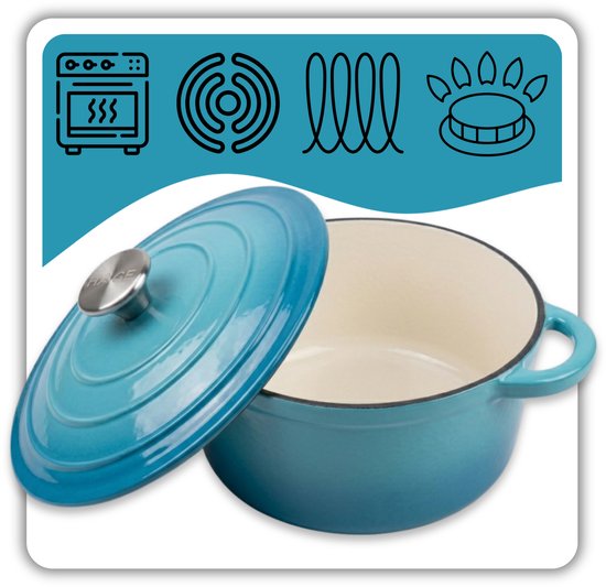 Hage gietijzeren braadpan 26 cm, 5 liter, azuurblauw, geëmailleerd, met deksel