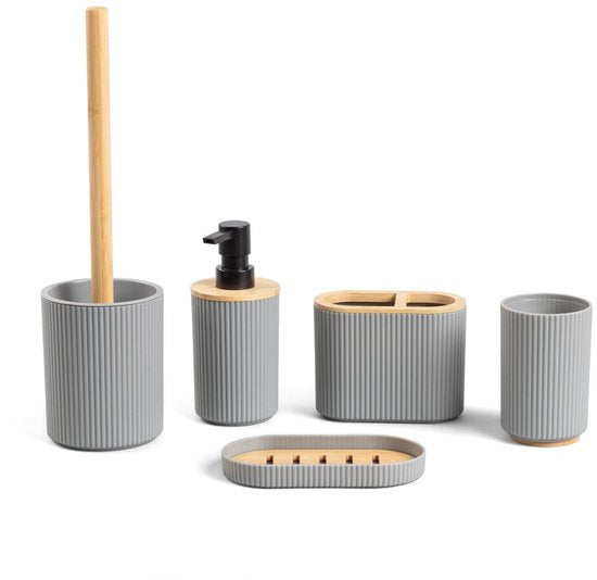 Homla - Loreto Bathroom Accessory Set - Bathroom Accessory Set - 5-Piece - Complete Bathroom Set with Bamboo - Soap Dispenser - Toothbrush Holder - Toilet Brush - Modern Bathroom Accessories - Grey