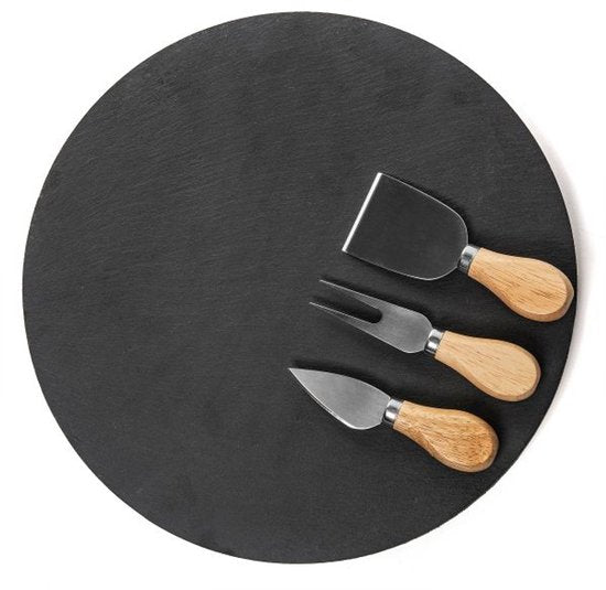 Homla - B2STONE Draaiplateau Serveerplank met Mes - Leisteen Kaasplank - Draaiend Tapas Bord - Luxe Serveerplank Kaas - Borrelplank - Snack Plateau met Draaisysteem - Ø30 cm - Zwart