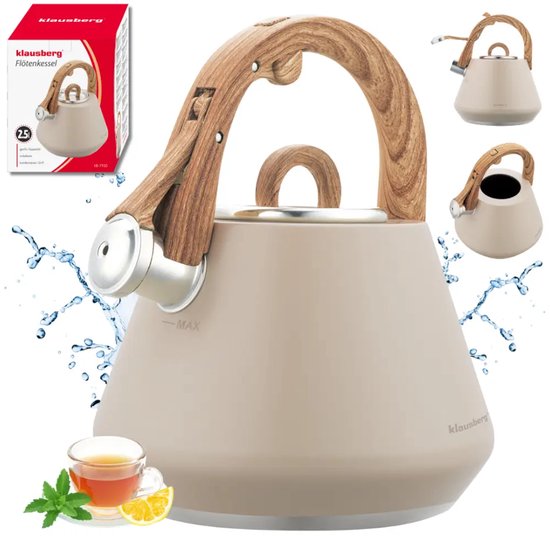 Klausberg 7950 - Flötenkessel mit Flöte - 2,5 Liter - Edelstahl - beige - Holzgriff (Kopie)