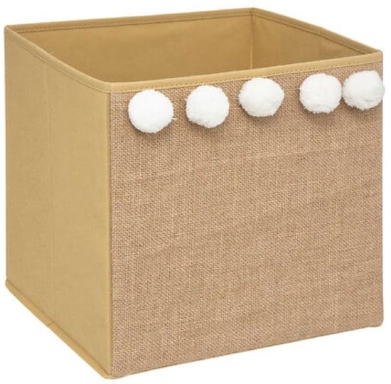 Storage Box - Pompom Storage Box - Set of 2 - Collapsible Storage Box - Jute Look - Square - Cardboard / PP - 29 x 29 cm - Caramel Brown