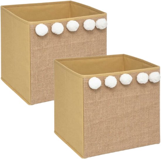 Storage Box - Pompom Storage Box - Set of 2 - Collapsible Storage Box - Jute Look - Square - Cardboard / PP - 29 x 29 cm - Caramel Brown
