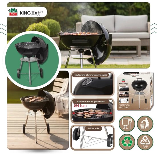 Kinghoff Kogelbarbecue met Deksel & Wielen – Ø43 cm – Zwart