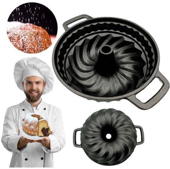 Hage - Bundt Pan - Cast Iron Cake Tin - Deep Baking Mold - For Cakes, Bundt Cakes, Bread & Pâté - Oven & Grill - Sturdy Cast Iron - 3 Litres - 35 x 27.5 x 10.5 cm - Black