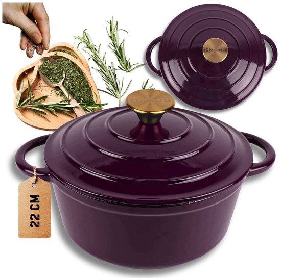 Hage - Cast Iron Dutch Oven - Enameled Casserole Dish with Lid - Cooking Pot - Stew Pot - Roasting Pan - Induction, Gas & Oven - 3 Liters - Ø22 x 13 cm - Aubergine Purple