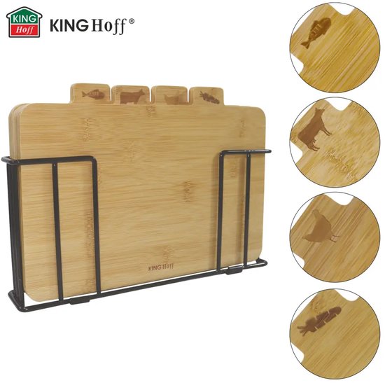 Kinghoff - Planche à découper 4 pièces - Planches à découper avec support - Ensemble de planches à découper de cuisine - Viande, poisson, volaille et légumes - Bambou - 28,5 x 20 cm
