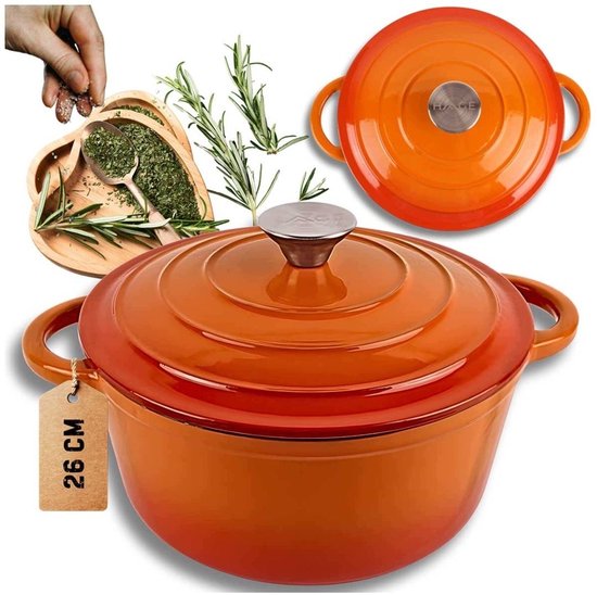 Hage - Kochtopf - Gusseisentopf mit Deckel - Emailliert - Induktions- & Ofengeeignet - Inklusive Mini-Ofenhandschuhen & Untersetzer - Zum Braten, Schmoren, für Suppen & Brot - 5 Liter - Ø 26 cm - Orange