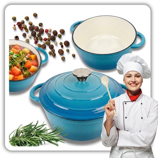 Hage gietijzeren braadpan met deksel, 24 cm, 4 liter, azuurblauw