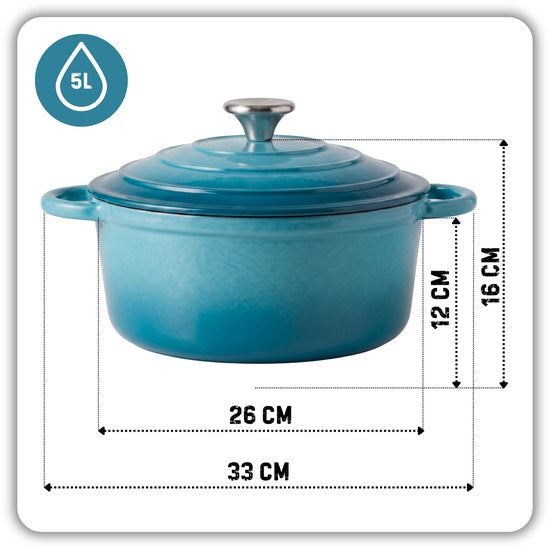 Hage gietijzeren braadpan 26 cm, 5 liter, azuurblauw, geëmailleerd, met deksel