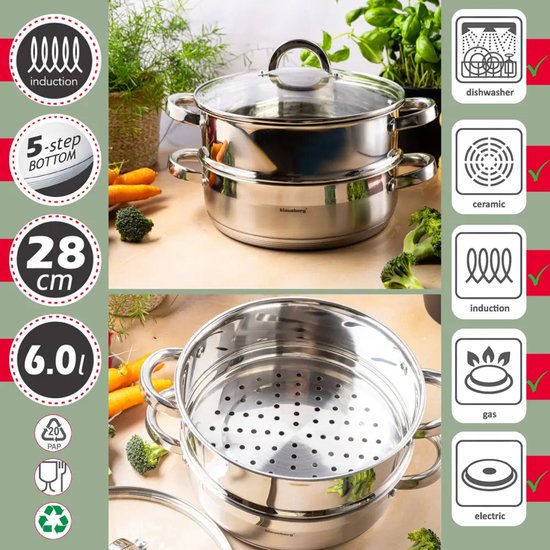 Klausberg stoompan 3-delig – RVS stoomkookset 28 cm, 6 liter, ook inductie – foto 2