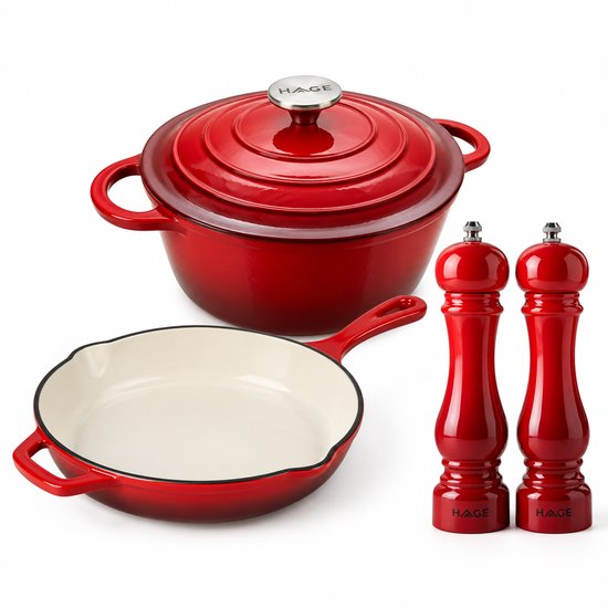 Hage – Rotes 4-teiliges Küchenset – Salz- & Pfeffermühlen 22 cm mit Keramikmahlwerk – Emaillierte Gusseisen-Bratpfanne 20 cm – Schmortopf 5 l mit Deckel 26 cm – Induktion, Gas & Backofen – Zum Kochen & Würzen