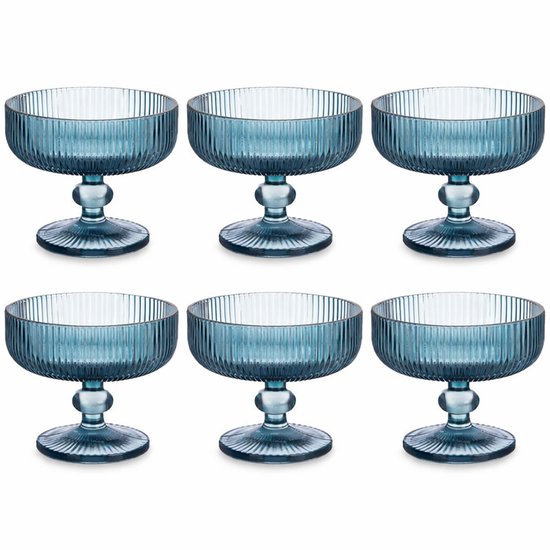 Glass ice cream cups 310 ml on stem – Glass dessert coupes – dark blue striped – set of 6 dessert glasses